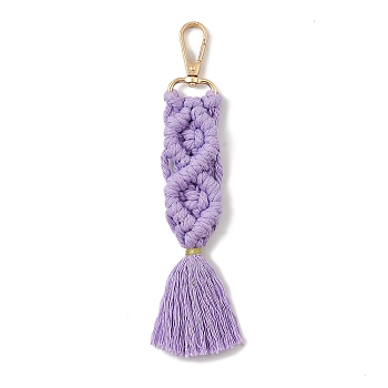 Handmade Macrame Nylon Thread Pendant Decorations, Alloy Clasps Charms for Bag or Keychain Ornaments, Rectangle, Medium Purple, 170mm