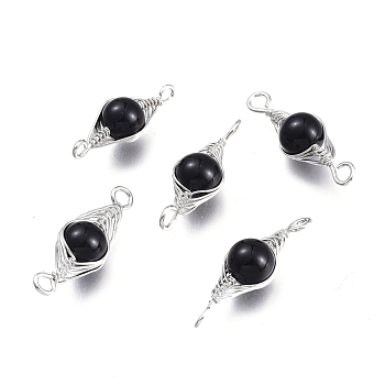 Natural Obsidian Links Connectors, Wire Wrapped Links, with Platinum Tone Brass Wires, Round, Undyed, 34x11x10mm, Hole: 2.5mm