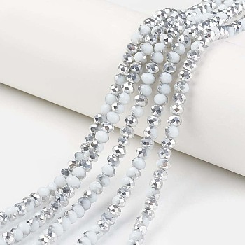 Electroplate Opaque Glass Beads Strands, Half Silver Plated, Faceted, Rondelle, White, 3.5x3mm, Hole: 0.4mm, about 123~127pcs/strand, 13.7~14.1 inch(35~36cm)