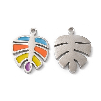 316L Surgical Stainless Steel Charms, with Enamel, Monstera Leaf Charm, Stainless Steel Color, 14.6x11.5x1.4mm, Hole: 1.2mm