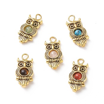 Natural & Synthetic Mixed Gemstone Pendants, Animal Charm, with Antique Golden Plated Tibetan Style Alloy Findings and Iron Loops, Mixed Dyed and Undyed, Owl Pattern, 24x11.5x4.5mm, Hole: 2.7mm