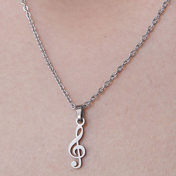 201 Stainless Steel Musical Note Pendant Necklace, Stainless Steel Color, 17.72 inch(45cm)