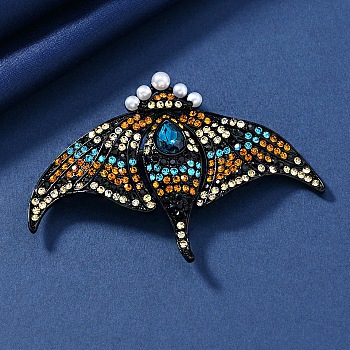 Manta Ray Alloy Rhinestone Brooches, with Plastic Pearl, Colorful, 70mm