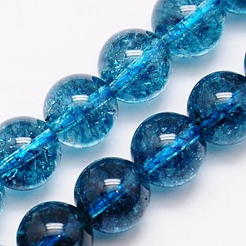 Natural Crackle Quartz Beads Strands, Dyed, Round, Dodger Blue, 10mm, Hole: 1mm