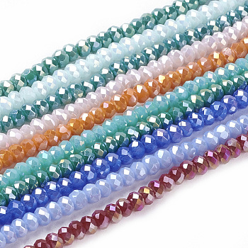 Electroplate Glass Beads Strands, Opaque Solid Color, AB Color Plated, Faceted, Rondelle, Mixed Color, 4x3mm, Hole: 0.8~1mm, about 105~110pcs/strand, 38~39cm