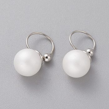 Brass Cuff Earrings, with Acrylic Imitation Pearl Beads, Round, Cadmium Free & Lead Free, Platinum, White, 16mm
