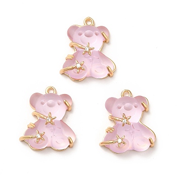 Transparent Resin Crystal Rhinestone Pendants, Bear Charms, with Rack Plating Real 14K Gold Plated Brass Findings, Cadmium Free & Lead Free, Pearl Pink, 23x20.5x10mm, Hole: 1.8mm
