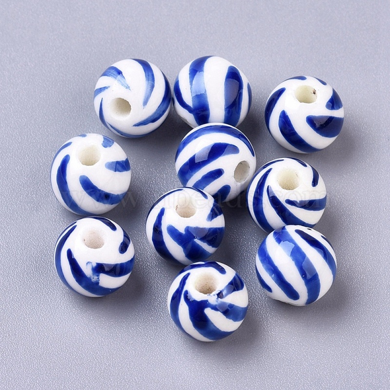 Vintage Blue White Porcelain Chinese Bead Basket Weave Endless Knot 10mm Round 