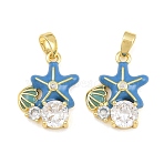 Brass Micro Pave Clear Cubic Zirconia Pendants, with Enamel, Starfish with Shell Shape Charms, Real 18K Gold Plated, Deep Sky Blue, 18x13x4mm, Hole: 5x3mm(CU-CBA9AB3-04G-01)