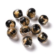 Handmade Gold Foil Lampwork Glass Beads, Round, Black, 8mm, Hole: 1.4mm(FOIL-E003-02A)