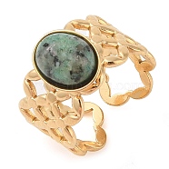 Oval Natural African Turquoise(Jasper) Finger Rings, Ion Plating(IP) 304 Stainless Steel Hollow Wide Cuff Rings for Women, Soldered, Real 14K Gold Plated, Oval: 11.5x9.5mm, Adjustable(RJEW-Z057-13G-01)