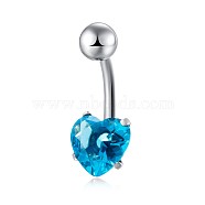 Piercing Jewelry, Brass Cubic Zirconia Navel Ring, Belly Rings, with 304 Stainless Steel Bar, Lead Free & Cadmium Free, Heart, Platinum, Deep Sky Blue, 20x8mm, Bar: 15 Gauge(1.5mm), Bar Length: 3/8"(10mm)(AJEW-EE0006-25C)