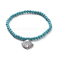 Synthetic Turquoise(Dyed) Stretch Bracelets, with Thailand 925 Sterling Silver Plated Tibetan Style Alloy Beads, Shell Shape, Light Sea Green, 2 inch(5cm)(BJEW-JB05008-01)