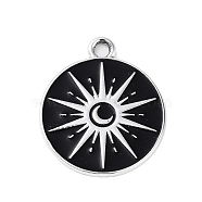 Alloy Enamel Pendants, Flat Round Charm, Platinum, Black, Sun, 22x19x1.3mm, Hole: 2mm(FIND-B036-01A)