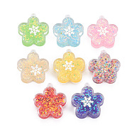Translucent Acrylic Pendants, with Paillette, Flower with Snowflake, Mixed Color, 32x26.5x8mm, Hole: 2.2mm(TACR-N006-43)