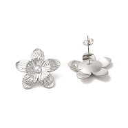 304 Stainlee Steel with Plastic Pearl Studs Earring, Flower, Stainless Steel Color, 24x25mm(EJEW-Z045-07P)
