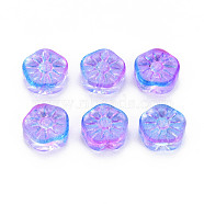 Two Tone Transparent Spray Painted Glass Beads, Plum Blossom Flower, Dark Orchid, 10x10.5x4mm, Hole: 1.2mm(GLAA-T022-23-C01)