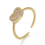 Adjustable Brass Cuff Finger Rings, with Micro Pave Cubic Zirconia, Heart, Clear, Golden, Size 7, 17.1mm(RJEW-G096-23G)