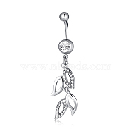 Piercing Jewelry, Brass Cubic Zirconia Navel Ring, Belly Rings, with 304 Stainless Steel Bar, Lead Free & Cadmium Free, Leaf, Clear, Platinum, 56x14mm, Bar Length: 3/8"(10mm), Bar: 14 Gauge(1.6mm)(AJEW-EE0002-11P)