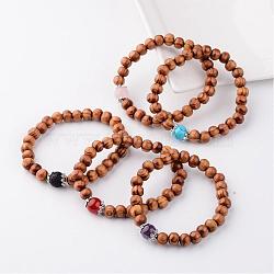 Wood Stretch Bracelets, with Natural & Synthetic Gemstone Beads and Metal Findings, Mixed Color, 55mm(BJEW-JB02404)