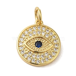 Brass Micro Pave Clear Cubic Zirconia Pendants, Flat Round with Eye, Real 18K Gold Plated, 13.5x11.5x2.7mm, Hole: 3.2mm(KK-R162-005A-G)