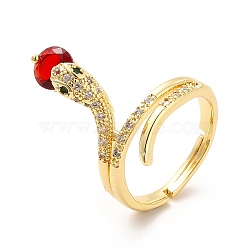 Cubic Zirconia Snake with Glass Wrap Adjustable Ring, Real 18K Gold Plated Brass Jewelry for Women, Red, US Size 7 3/4(17.9mm)(KK-H439-02B-G)
