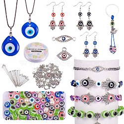 DIY Evil Eye Jewelry Set Making Kits, Including Resin Beads, Alloy Links & Charms & Clasp & Bead Frames, Stainless Steel Bails & Chains & Pins & Jump Rings, Brass Earring Hooks, Iron Key Ring, Elastic & Nylon Thread, Mixed Color, Resin Beads: 79pcs/box(DIY-SZ0007-79)