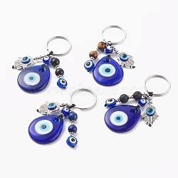 Teardrop Evil Eye Lampwork Keychain, with Natural Gemstone Beads, Resin Beads and 316 Surgical Stainless Steel Split Key Rings, Hamsa Hand, Blue, 7.6cm(KEYC-JKC00244)