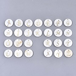 Natural Freshwater Shell Pendants, with Golden Plated Brass Etched Metal Embellishments, Flat Round with Letter, Alphabet, Letter A~Z, 15x2mm, Hole: 1.2mm, 26pcs/set(SHEL-N027-04)