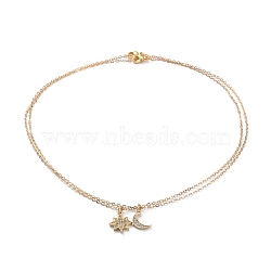 Brass Micro Pave Cubic Zirconia Pendant Necklace Sets, with Brass Cable Chains, 304 Stainless Steel Lobster Claw Clasps and Cardboard Packing Box, Star & Moon, Golden, 16.33 inch(41.5cm), 2pcs/set(NJEW-JN02671)