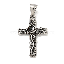 316 Surgical Stainless Steel Pendants, Cross with Rose Charm, Antique Silver, 36.8x24.5x4mm, Hole: 7.8x5mm(STAS-E212-168AS)