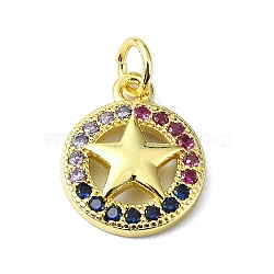 Brass Micro Pave Colorful Cubic Zirconia Pendants, with Jump Ring, Flat Round with Star Charm, Real 18K Gold Plated, 15x11.5x2.5mm, Hole: 3mm(KK-H475-19G-08)