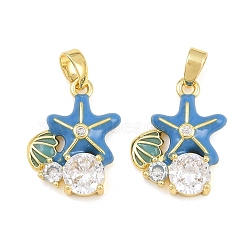 Brass Micro Pave Clear Cubic Zirconia Pendants, with Enamel, Starfish with Shell Shape Charms, Real 18K Gold Plated, Deep Sky Blue, 18x13x4mm, Hole: 5x3mm(CU-CBA9AB3-04G-01)