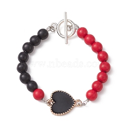 Alloy Enamel Heart Link Bracelet, with Synthetic Turquoise Round Beaded, Black, 7-1/2 inch(19.2cm)(BJEW-JB09999-01)