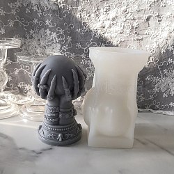 Halloween Theme DIY Candle Silicone Statue Molds, Portrait Resin Casting Molds, For UV Resin, Epoxy Resin Jewelry Making, Hand with Round & Skull, White, 140x88x84mm, Inner Diameter: 71mm(DIY-SZ0007-18)