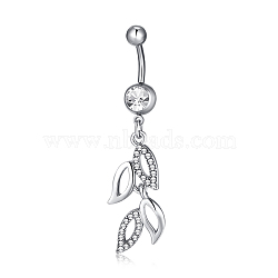 Piercing Jewelry, Brass Cubic Zirconia Navel Ring, Belly Rings, with 304 Stainless Steel Bar, Lead Free & Cadmium Free, Leaf, Clear, Platinum, 56x14mm, Bar Length: 3/8"(10mm), Bar: 14 Gauge(1.6mm)(AJEW-EE0002-11P)