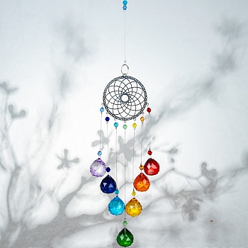 Crystals Chandelier Suncatchers Prisms Chakra Hanging Pendant, with Iron Cable Chains & Links, Glass Beads and Rhinestone, Flower, Platinum, 445mm