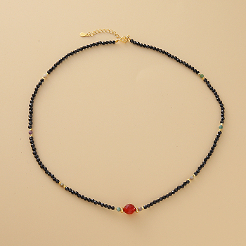 Vintage Style Natural Black Tourmaline & Faceted Red Agate Beaded Necklaces with 925 Sterling Silver Clasps, Golden, 15.75 inch(40cm)