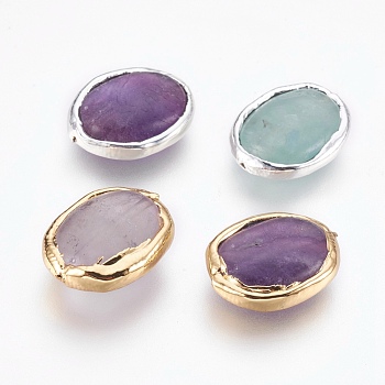 Natural Fluorite Beads, Edge Plated, Oval, 18~18.5x13.5~14.5x5~7mm, Hole: 0.7mm
