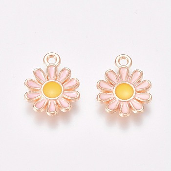 Alloy Enamel Charms, Daisy, Golden, Pink, 15x11.5x2mm, Hole: 1.4mm