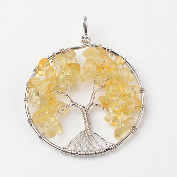 Tree of Life Natural Citrine Big Pendants, with Brass Findings, Platinum, 63~65x49~51x8~10mm, Hole: 8~10mm