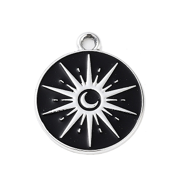 Alloy Enamel Pendants, Flat Round Charm, Platinum, Black, Sun, 22x19x1.3mm, Hole: 2mm