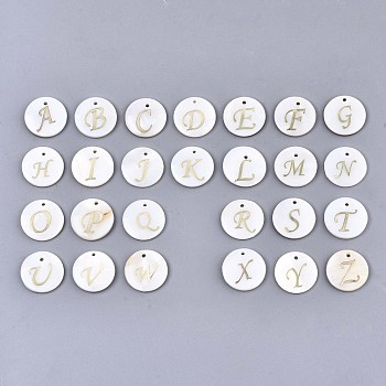 Natural Freshwater Shell Pendants, with Golden Plated Brass Etched Metal Embellishments, Flat Round with Letter, Alphabet, Letter A~Z, 15x2mm, Hole: 1.2mm, 26pcs/set