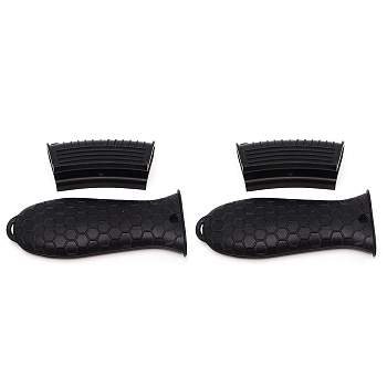 Silicone Heat Resistant Pot Holder Sleeve Set, Cast Iron Handle Covers, Black, 40x92.5x29.5mm, Hole: 8mm, 2pcs; 142x56x18mm, Inner Diameter: 44x11mm, 2pcs