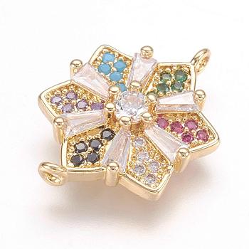 Brass Micro Pave Cubic Zirconia Links, Real 18K Gold Plated, Flower, 19x13x3.5mm, Hole: 1mm