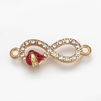 Alloy Rhinestone Links connectors, Enamel Style, Infinity with Ladybird, Dark Red, Light Gold, 27.5x10x4mm, Hole: 1.5mm