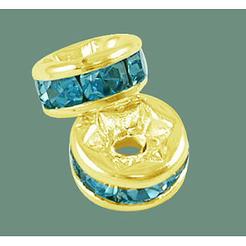 Brass Grade A Rhinestone Spacer Beads, Golden Plated, Rondelle, Nickel Free, Aquamarine, 5x2.5mm, Hole: 1mm