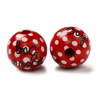 Printed Wood Round Beads, Red & Black, Love Bug, Word, 15.5~16x14.5~15mm, Hole: 3.5~5mm