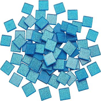 Glitter Glass Cabochons, Mosaic Tiles, for Home Decoration or DIY Crafts, Square, Marine Blue, 20x20x4mm, about 72pcs