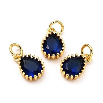Brass Micro Pave Cubic Zirconia Pendants, Real 18K Gold Plated, Long-Lasting Plated, Teardrop, Dark Blue, 12x7.5x3.5mm, Hole: 3mm
